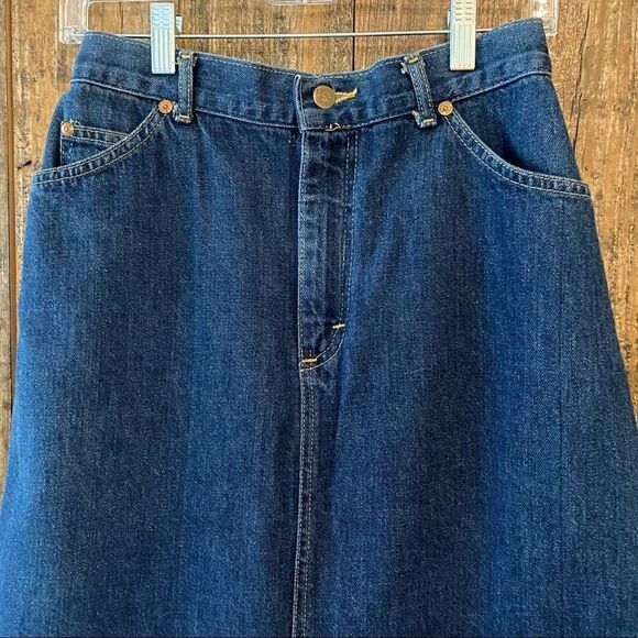 Lee 11R Blue Denim Vintage Modest To the Knee Back Elastic Waist Rustic Skirt - Picture 4 of 6